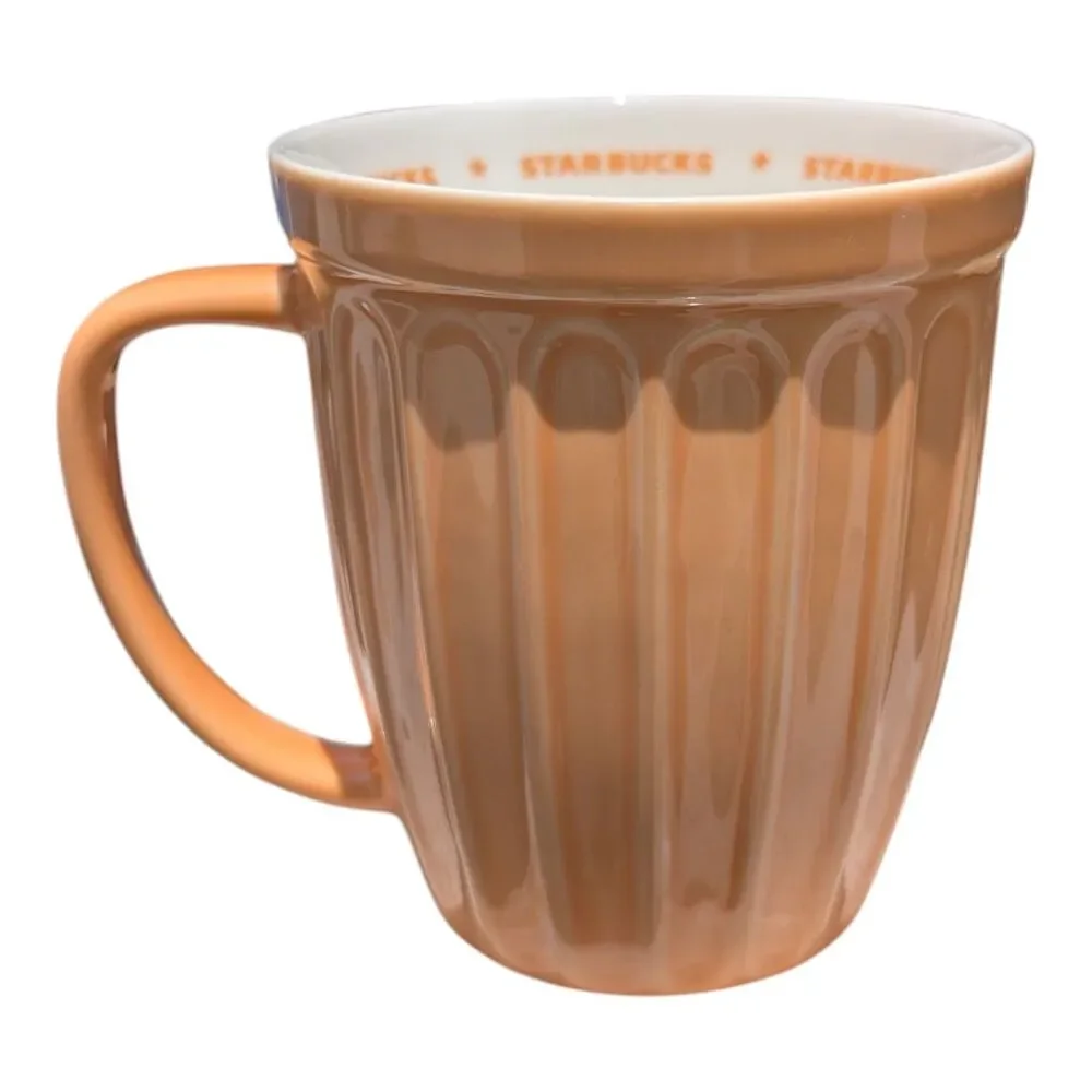 STARBUCKS 2006 Peach & White Ribbed Fluted Flower Pot Coffee Mug 16 oz. RARE